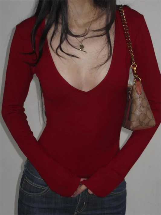 Women Skinny Bodysuit Red Long Sleeve Sexy V Neck Top Solid Color Slim Bodysuit Bodycon Clubwear Female Fashion Y2k Clothing