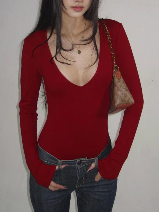 Women Skinny Bodysuit Red Long Sleeve Sexy V Neck Top Solid Color Slim Bodysuit Bodycon Clubwear Female Fashion Y2k Clothing